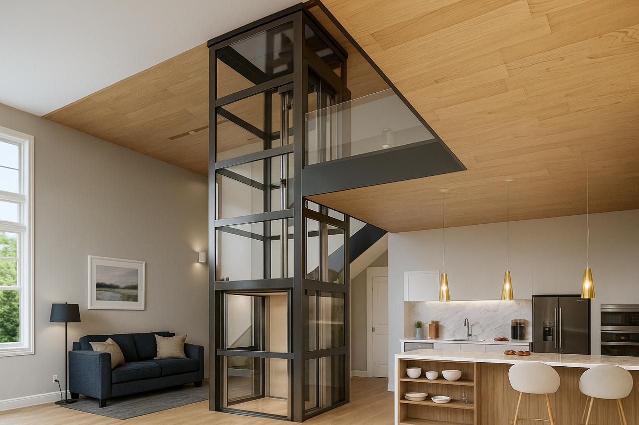 Modern home elevator next to a staircase